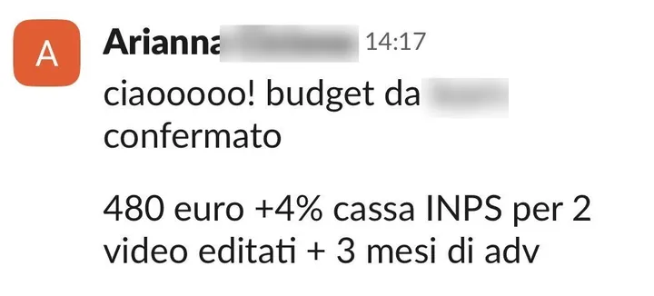 Messaggio di Arianna: budget confermato, 480 euro più 4% cassa INPS per 2 video editati e 3 mesi di adv