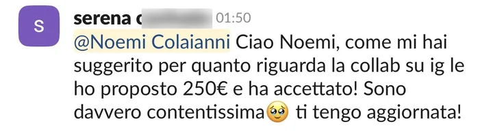 Messaggio di Serena: le ho proposto 250 euro e ha accettato