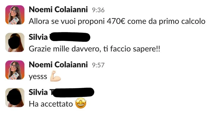 Chat tra Noemi e Silvia: proponi 470 euro. Ha accettato